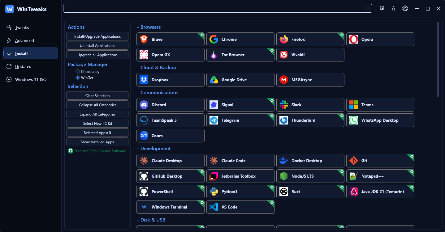 The WinTweaks Install page with curated apps grouped by category