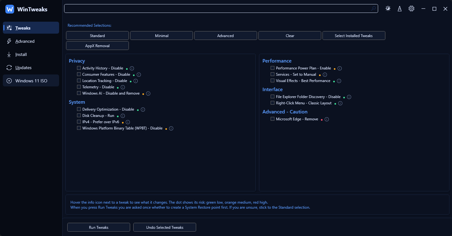 The WinTweaks Tweaks page, with risk dots and info icons next to each tweak